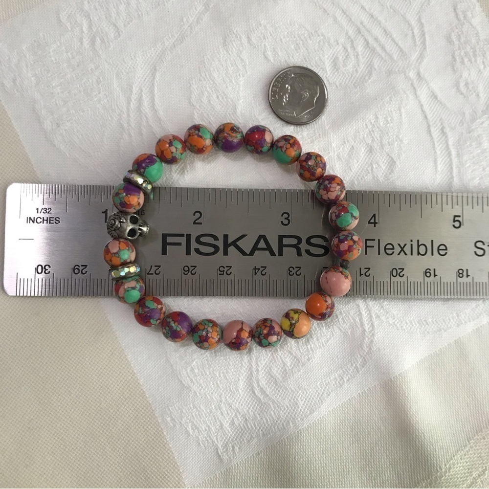 Multicolor Beaded Skull Stretch Bracelet Gothic Boho One Size - Picture 15 of 16